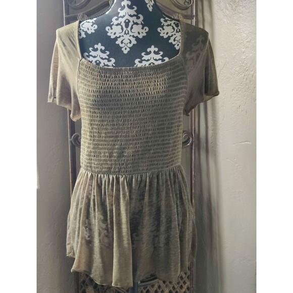 Rewash Juniors Large Boho Green Smocked Flutter Sleeve High Low Burnout Top - Picture 1 of 12